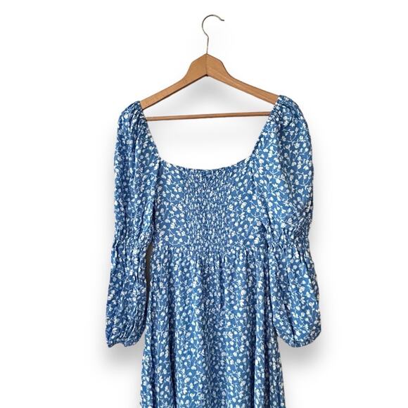 Reformation Mica Floral Print Midi Dress Long Sleeve Square Neck Blue 0 Women’s - Picture 9 of 11